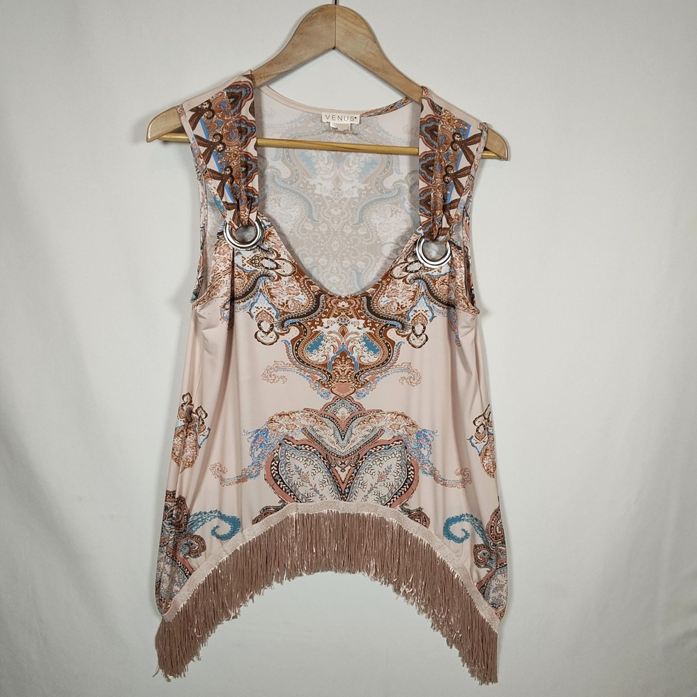 VENUS Sleeveless Top Women's Large Paisley Ring‑Detail  – Fringe Hem